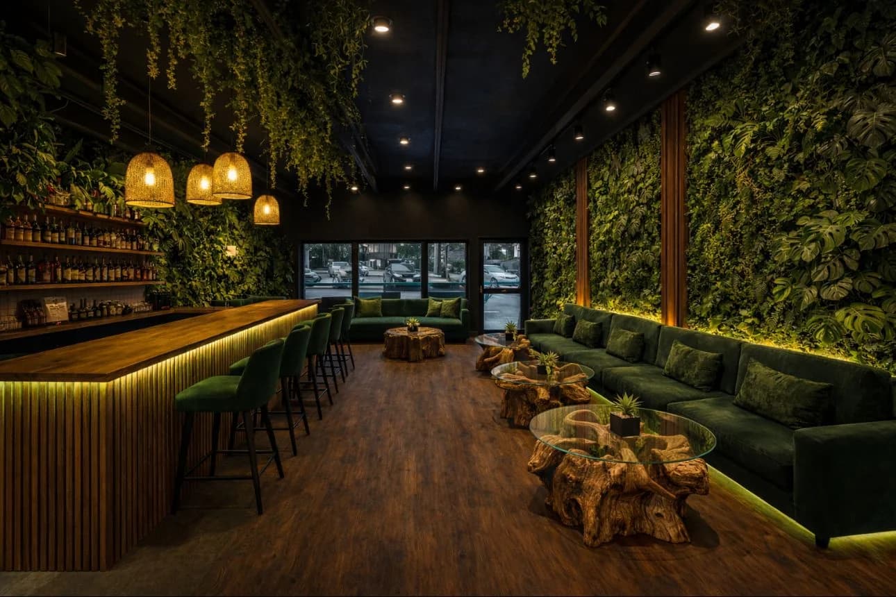 Club Kava social lounge interior with lush green plant walls and warm ambient lighting